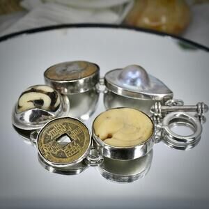 Chris Bales Elligators Sterling Silver 84g Mabe Pearl Carved Bone Coin Bracelet